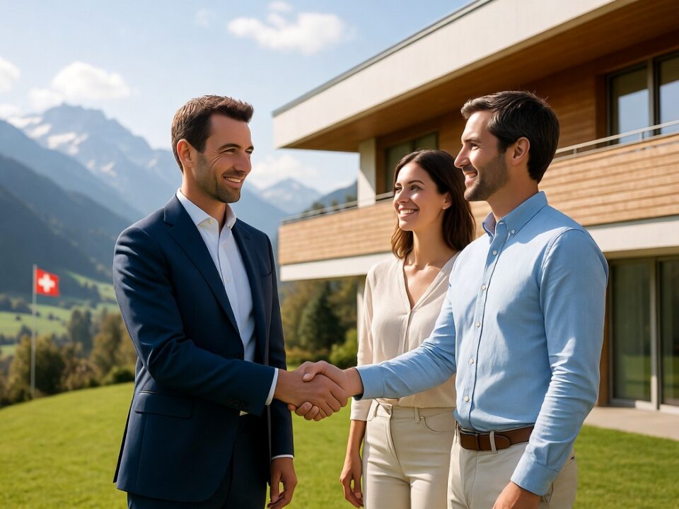 a group of people shaking hands outside a house