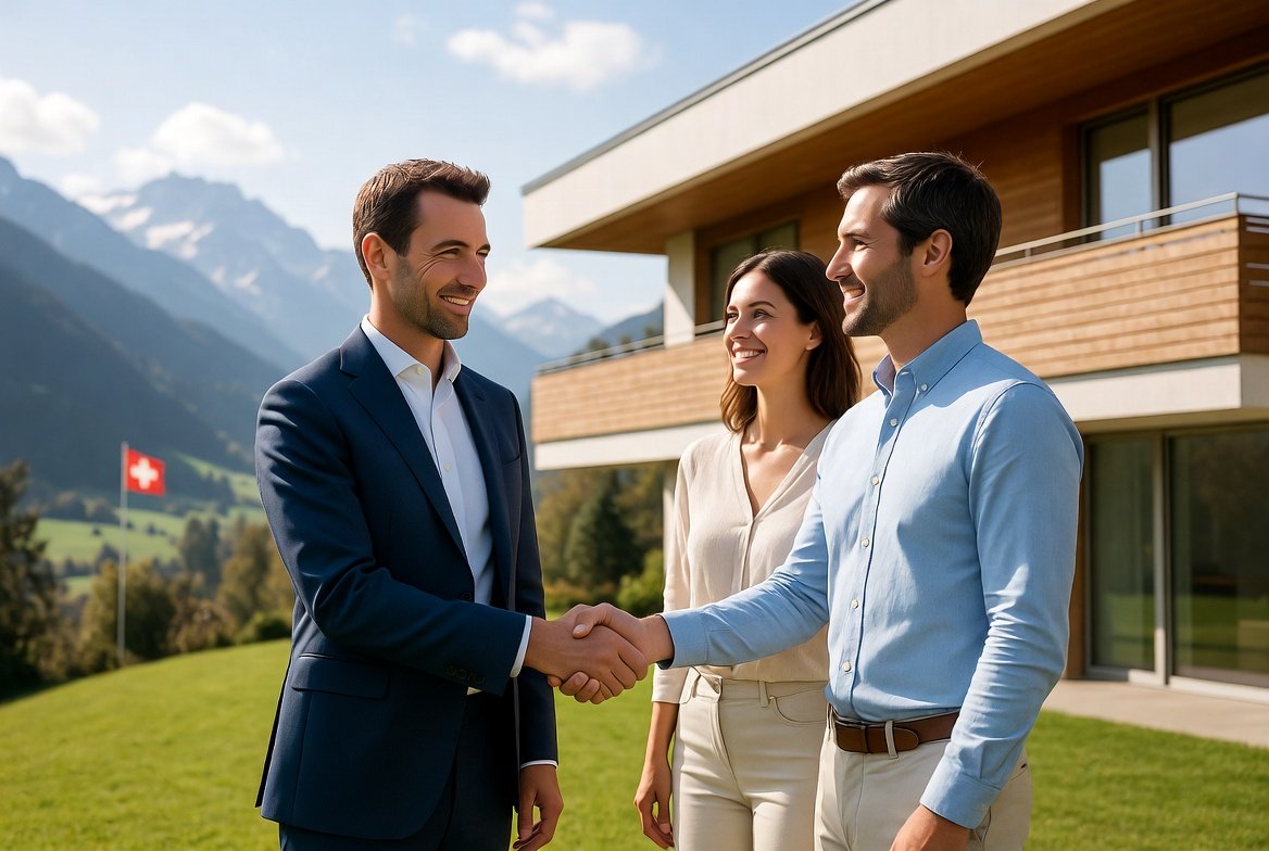 a group of people shaking hands outside a house